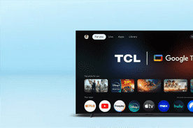 The words TCL ninety-eight QLED are against a light blue gradient background.