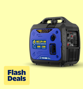 Image shows a blue and black Nexpow portable inverter generator on a pale yellow background.