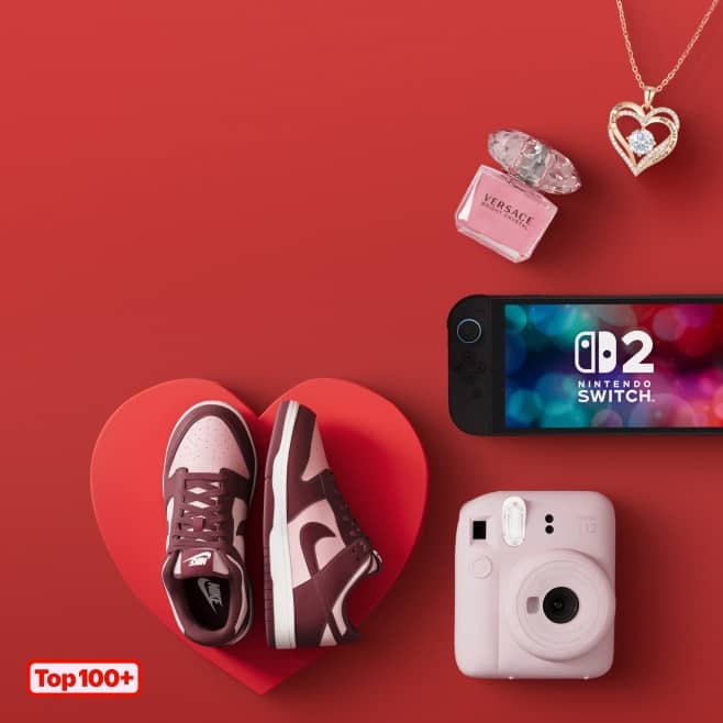 Nikes, Versace fragrance, necklace, Nintendo Switch and a camera. Logo reads: top one hundred plus.