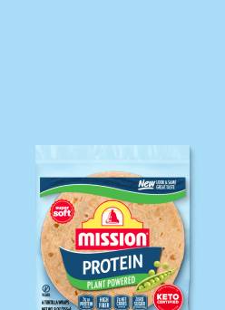 A pack of Mission Protein plant-powered wraps is shown.