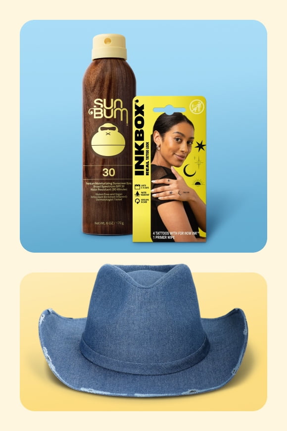 An image of a denim cowboy hat, a Sun Bun sunscreen and a Inkbox temporary tattoo.Â