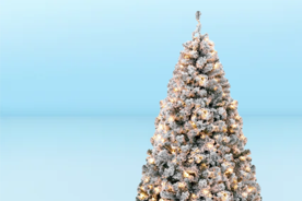 Image shows a snow-flocked Christmas tree with warm white lights from Best Choice Products on a light blue background.