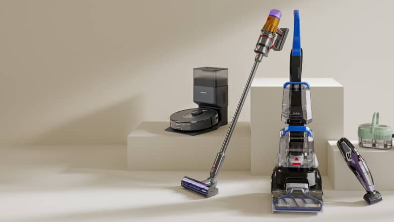 A robot vacuum, cordless stick vacuum and carpet cleaner. Reads: Dyson, Shark and more. Top floor care for less.