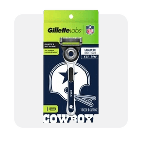 Image shows a Gillette Labs Cowboys-themed men's razor with unique packaging and accessories on a white background.