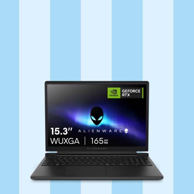 An Alienware Aurora 16" WQXGA 120Hz gaming laptop against a blue striped background.