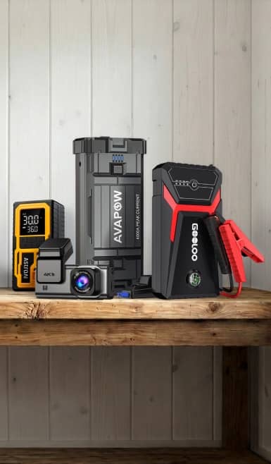 Dash cam, jump-starter, car batteries. Text reads: up to thirty-five percent off.