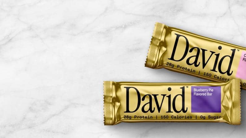 Protein bars from David protein on a white and gray marble surface