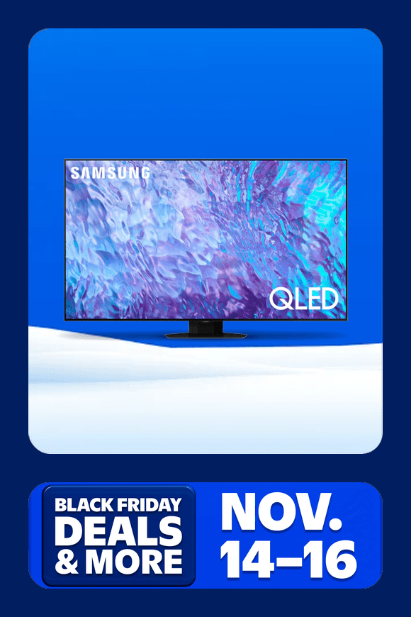 Image shows a black Samsung seventy-five-inch QLED 4K Smart TV on a blue and white background.