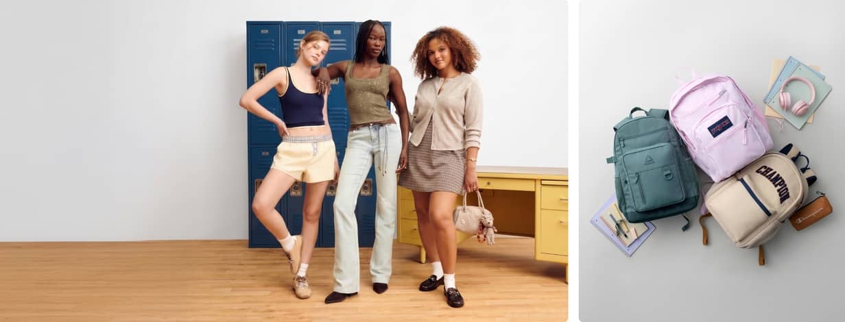 Left image, three girls posing by lockers wearing casual denim skirts, knit sweaters, and sneakers. Right image, three school backpacks.
