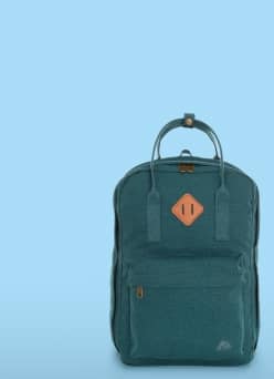 A green backpack on a blue background.