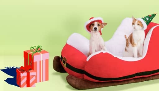 A dog wearing a red hat is next to a cat wearing a green party hat. Both of them are on a stuffed red sleigh. Graphics of gifts are beside the sleigh.