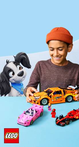 Boy playing with different Lego cars against a snowy landscape with Lil’ Roy cartoon dog.