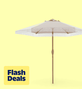 Flash deals. Image shows a khaki Autlaycil fringe patio umbrella with a push-button tilt on a light yellow background.