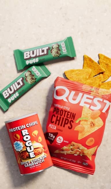 Built Puff, Rogue protein spicy chicken sandwich chips, and Quest protein chips.
