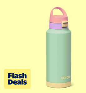 Image shows a mint-colored Carote insulated stainless steel tumbler with a pink handle on a light yellow background.