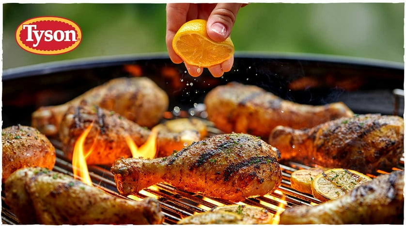 A fresh lemon slice is drizzled over flame-roasted Tyson chicken drumsticks on a hot grill.