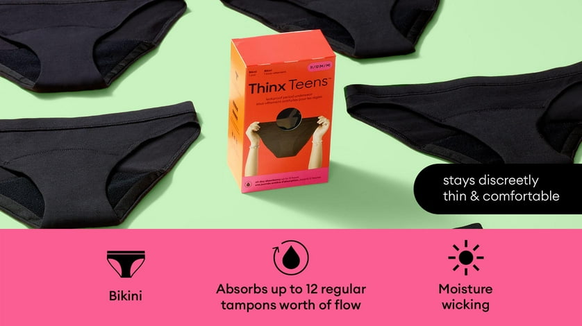 Thinx Teens period underwear against a green background.