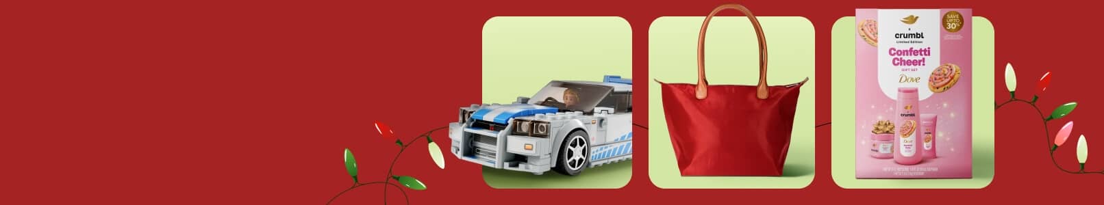 An image of a toy car, Dove x crumbl gift set and a red bag.