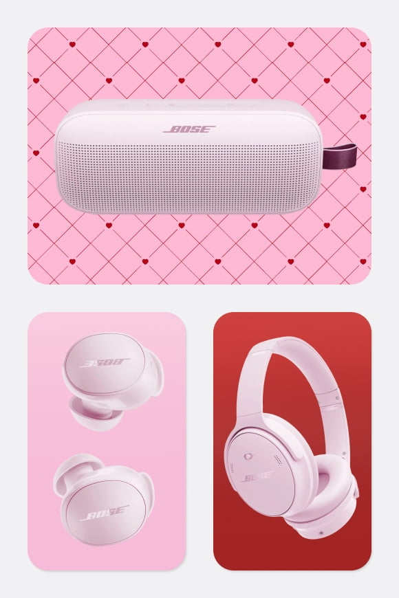 Pink pill-shaped speakers, earbuds, and over-ear headphones, all from Bose.