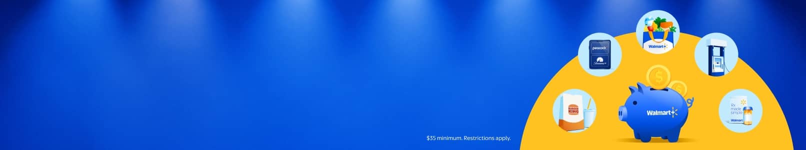 Walmart Plus. A blue piggy bank with Walmart logo sits on a yellow semicircle surrounded by icons for shopping, delivery and digital services.