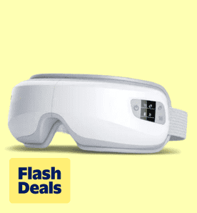 Image shows a gray Pureheal heated eye massager with black controls on a light yellow background.