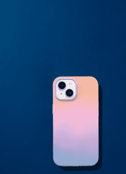 Back of smart phone in a gradient pink-orange case.