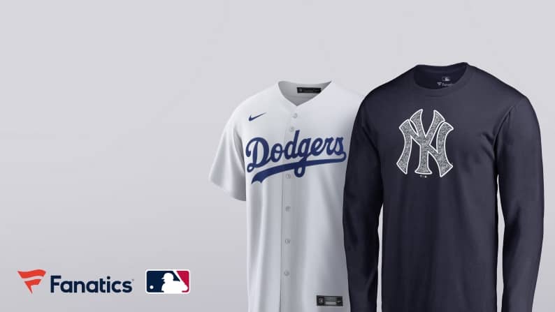 Men's Nike white Los Angeles Dodgers replica jersey and navy New York Yankees logo long sleeve t-shirt are shown. Fanatics and MLB logos are seen.