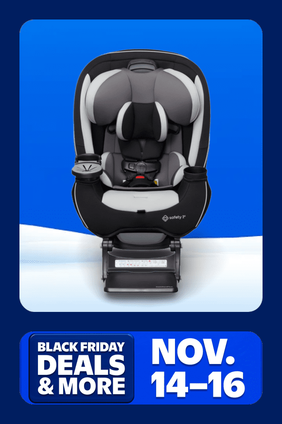 Image shows a black and gray Safety 1st convertible baby and toddler car seat against a blue and white background.