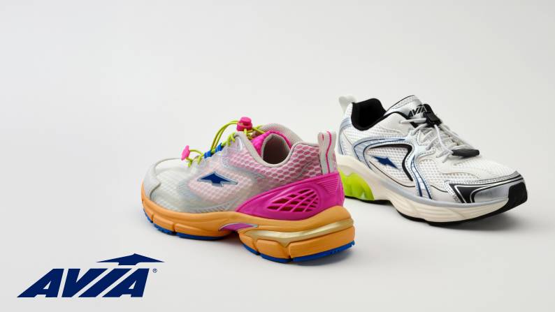 Two single Avia women’s gel bungee sneakers are shown against a white background. Avia logo is seen.