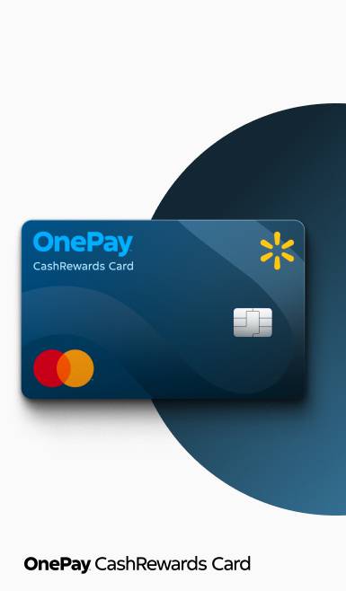 An image of a blue credit card on a blue background. Card says: OnePay CashRewards Card, with two orange circles, a yellow spark, and a silver chip.
