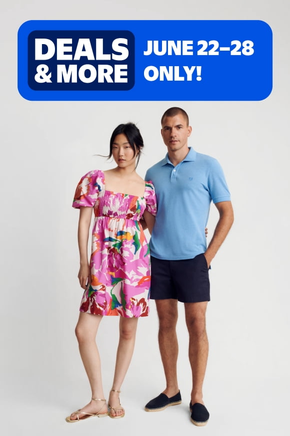 A model in a dress & a model in a polo shirt and shorts.