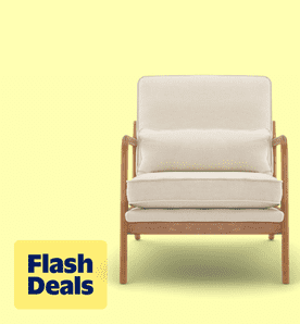 Image shows a beige UBesGoo modern armchair with a solid wood frame on a light yellow background.