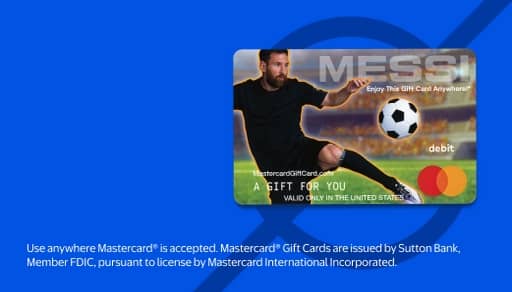 A gift card featuring a person kicking a soccer ball alongside the Mastercard logo and the word Messi.