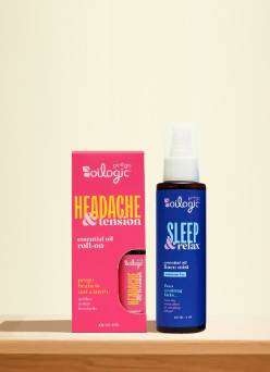 Oilogic headache and tension roll-on essential oil and sleep and relax essential oil linen spray.