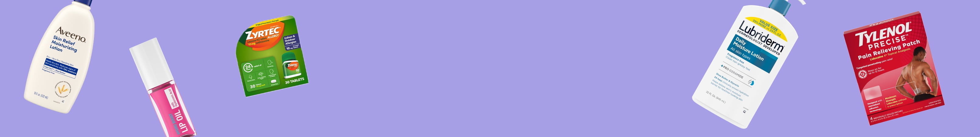 Zyrtec, Lubriderm, Tylenol, and Neutrogena products against a purple background.