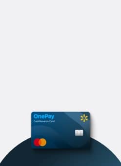 A blue credit card printed with interlocking orange and yellow circles, as well as a yellow Walmart Spark logo. Text says: OnePay CashRewards Card.