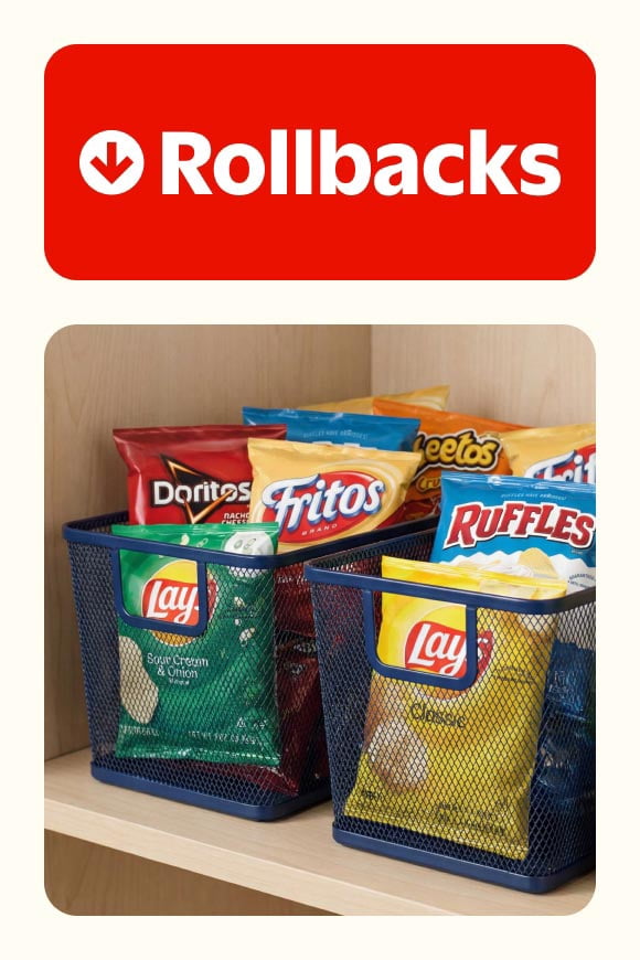 Rollbacks. A variety of different small bags of chips on two separate wire shelves.