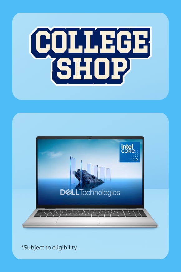 A laptop on a blue background. College Shop.