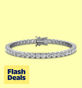 Image shows a silver Cate & Chloe tennis bracelet with simulated diamonds on a pale yellow background.