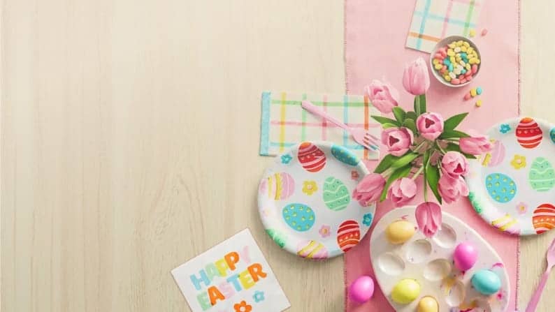 From one dollar. Egg-print plates, plaid napkins, a happy Easter card and decorative eggs in a holder in shades of green, pink, yellow and red.
