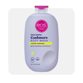 Image shows a lavender bottle of eos Shea Better Vanilla Cashmere Body Wash on a light gray background.
