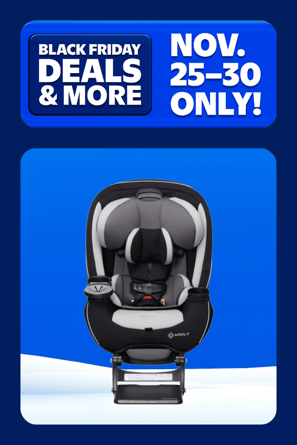 Image shows a black and gray Safety 1st car seat on a blue background.