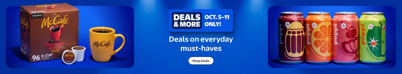 McCafe coffee box, mug and pod with badge: Deals and More, Oct five through eleven only, beside colorful illustrated soda cans.