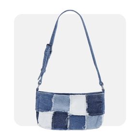 Image shows a Kacey Lee women's denim patchwork shoulder bag in various blue tones, displayed on a light grey background.