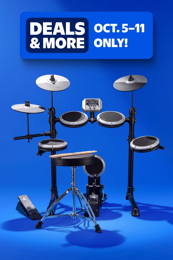 Deals and More badge reads: Oct. five through eleven only. Electronic drum kit with pads, cymbals, pedal and stool.