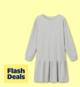 Image shows a light gray UVN long-sleeve oversized sweatshirt dress on a pale yellow background.