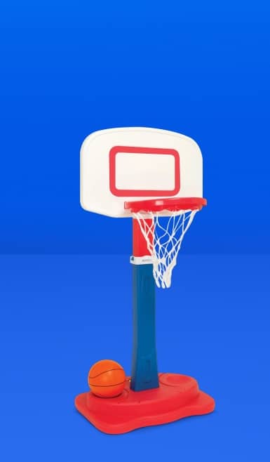 Image shows a small basketball hoop and ball.