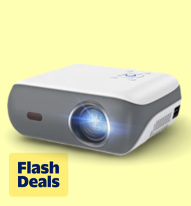 Image shows a white and gray HAPPRUN projector on a light yellow background.