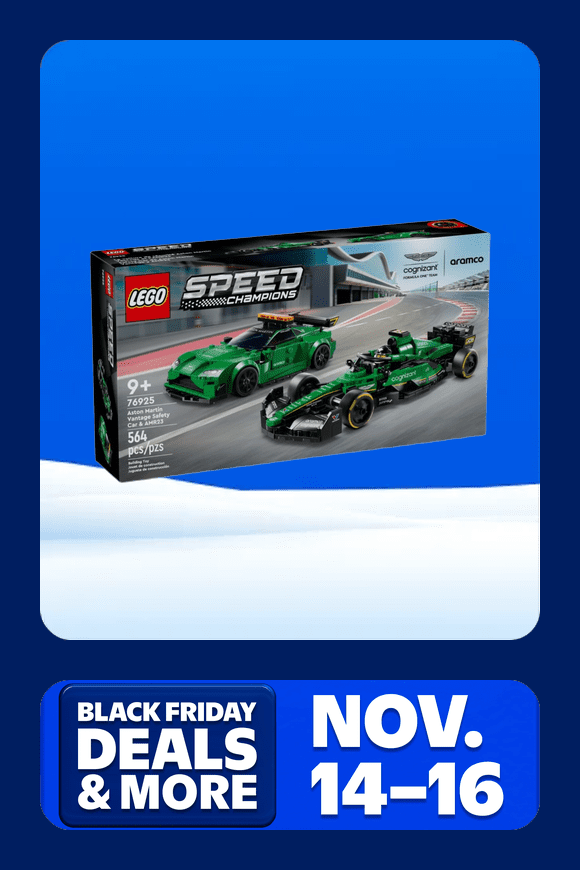 Image shows a LEGO Speed Champions Aston Martin racing car toy set in green on a blue background.