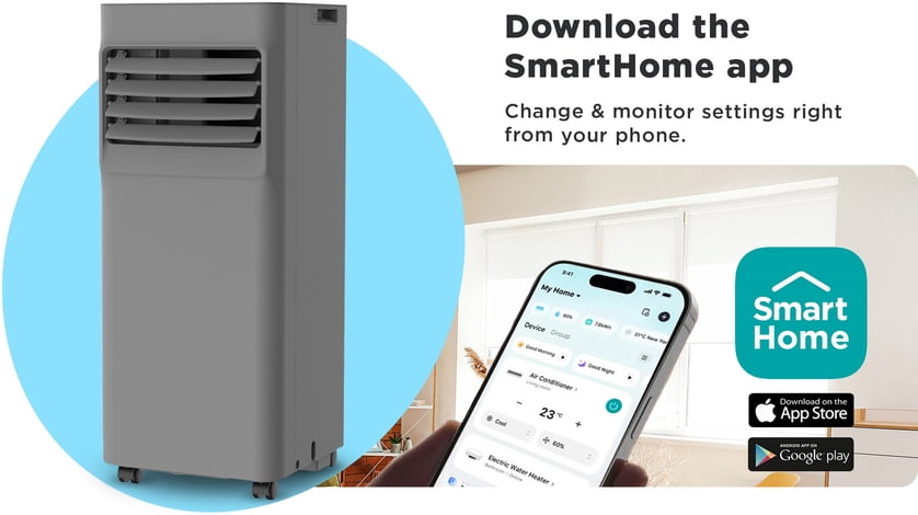 Midea SmartHome app available on App Store and Google Play. A mobile phone shows the SmartHome app view and a connected portable air conditioner.